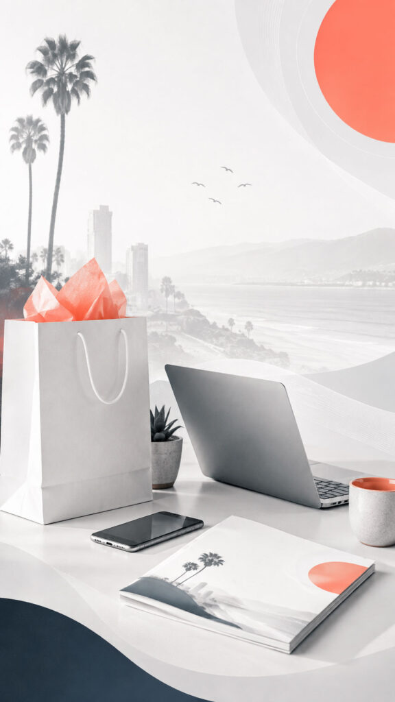 Vertical layout of a modern desk setup featuring an open laptop, white gift shopping bag with coral tissue paper, smartphone, and notebook against a backdrop of palm trees and ocean bay skyline.