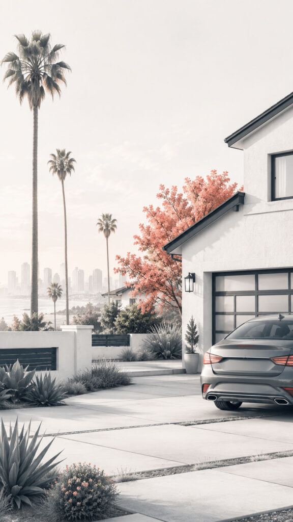 Vertical graphic of a modern white suburban home with a sedan parked in the driveway, framed by tall palm trees, succulents, and a distant city skyline.