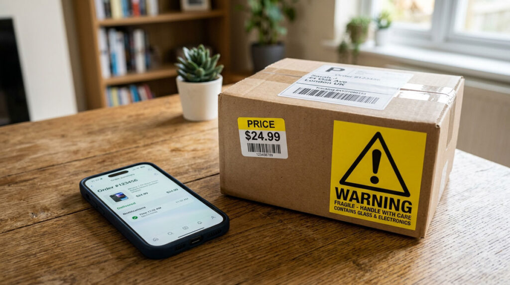 A cardboard delivery box with shipping and price labels sitting on a wooden table beside a smartphone displaying a delivered order notification.