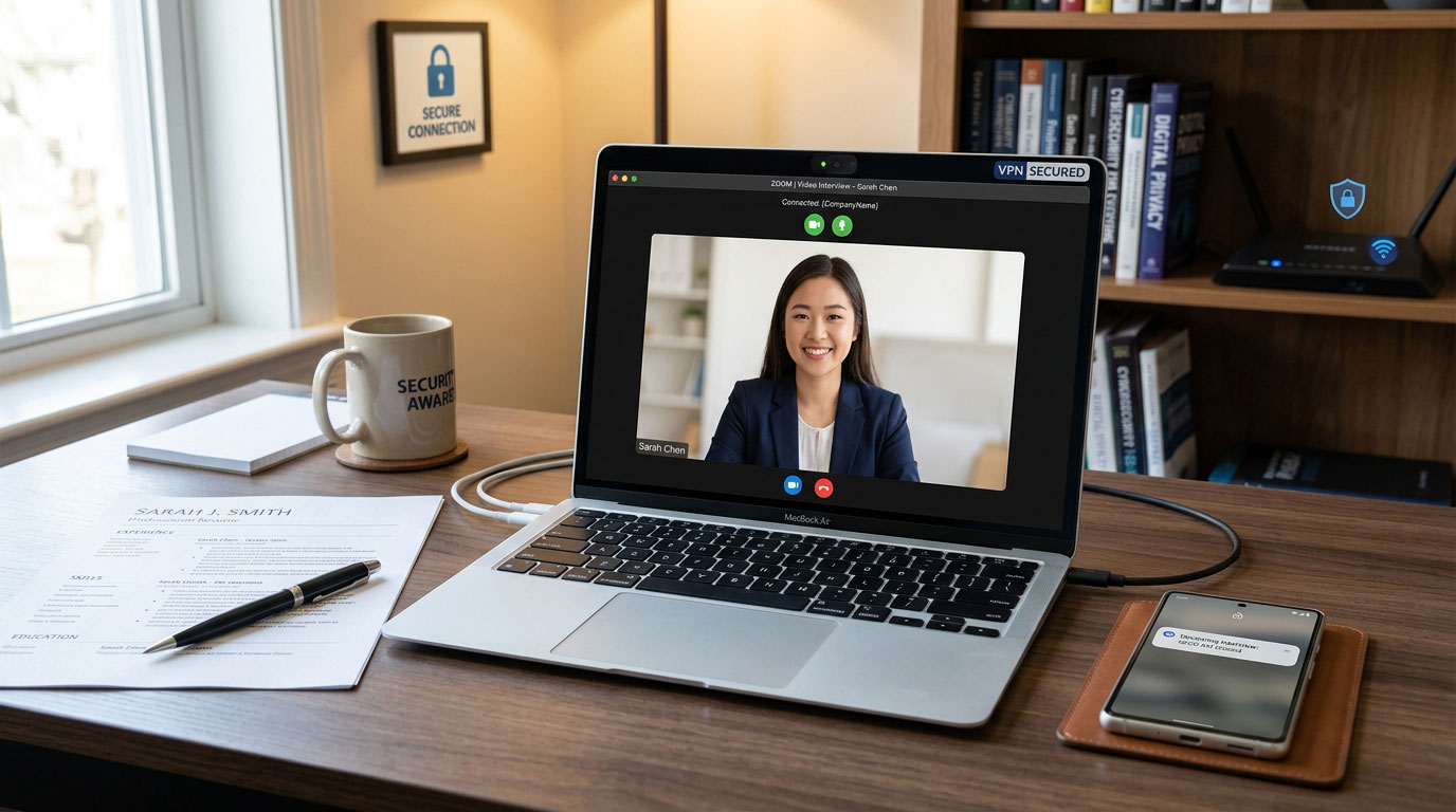 California job seeker checking an online interview invitation for signs of a scam