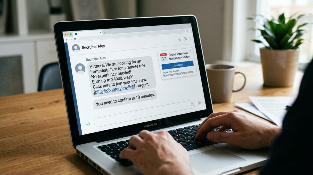 Suspicious recruiter message and online interview invitation displayed on a laptop