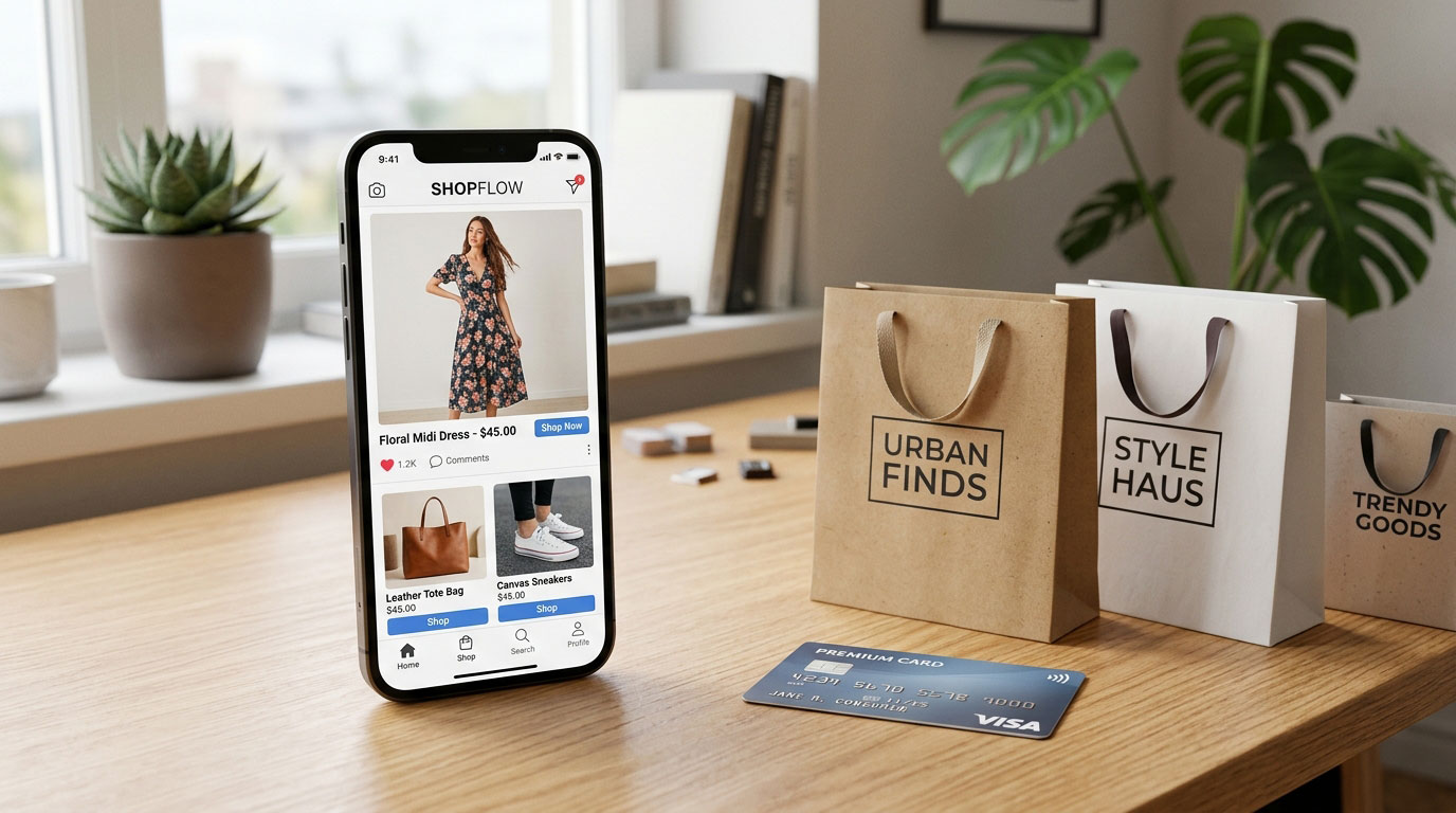 A smartphone standing on a wooden desk displaying the ShopFlow e-commerce shopping app screen alongside branded retail paper gift bags and a Visa credit card.