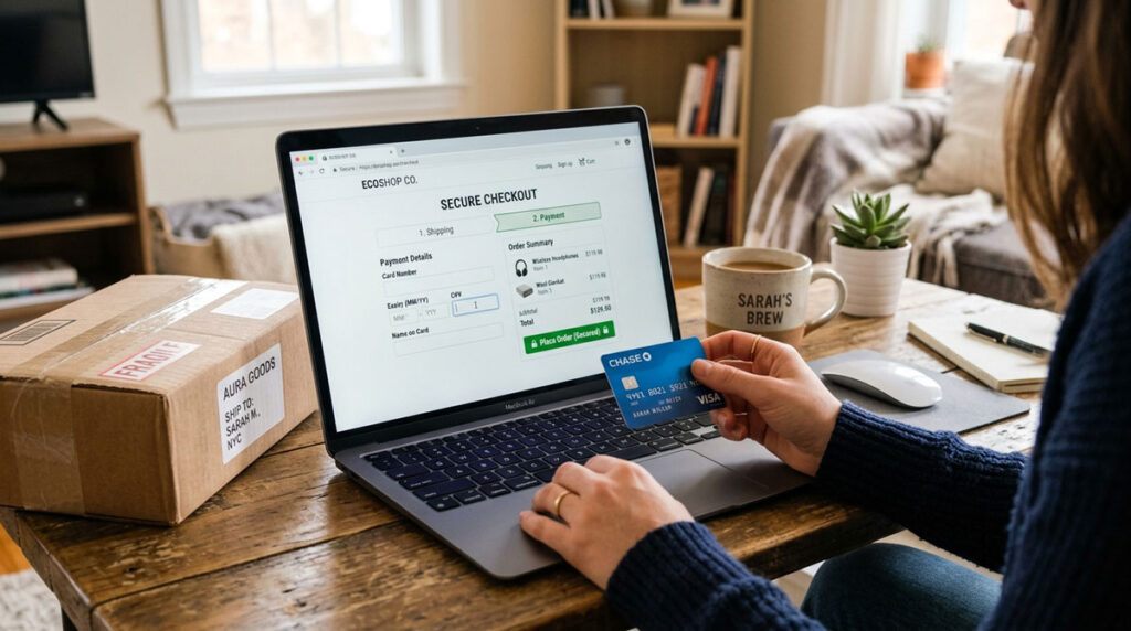A woman holding a Chase Visa credit card while filling out secure checkout details on a laptop screen at a wooden coffee table.