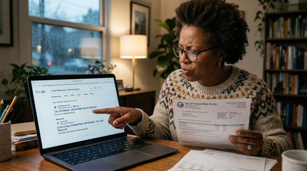 Over-the-shoulder view of a person using a laptop to pay a utility bill on the City Grid Utilities payment portal screen with a credit card resting on the desk.