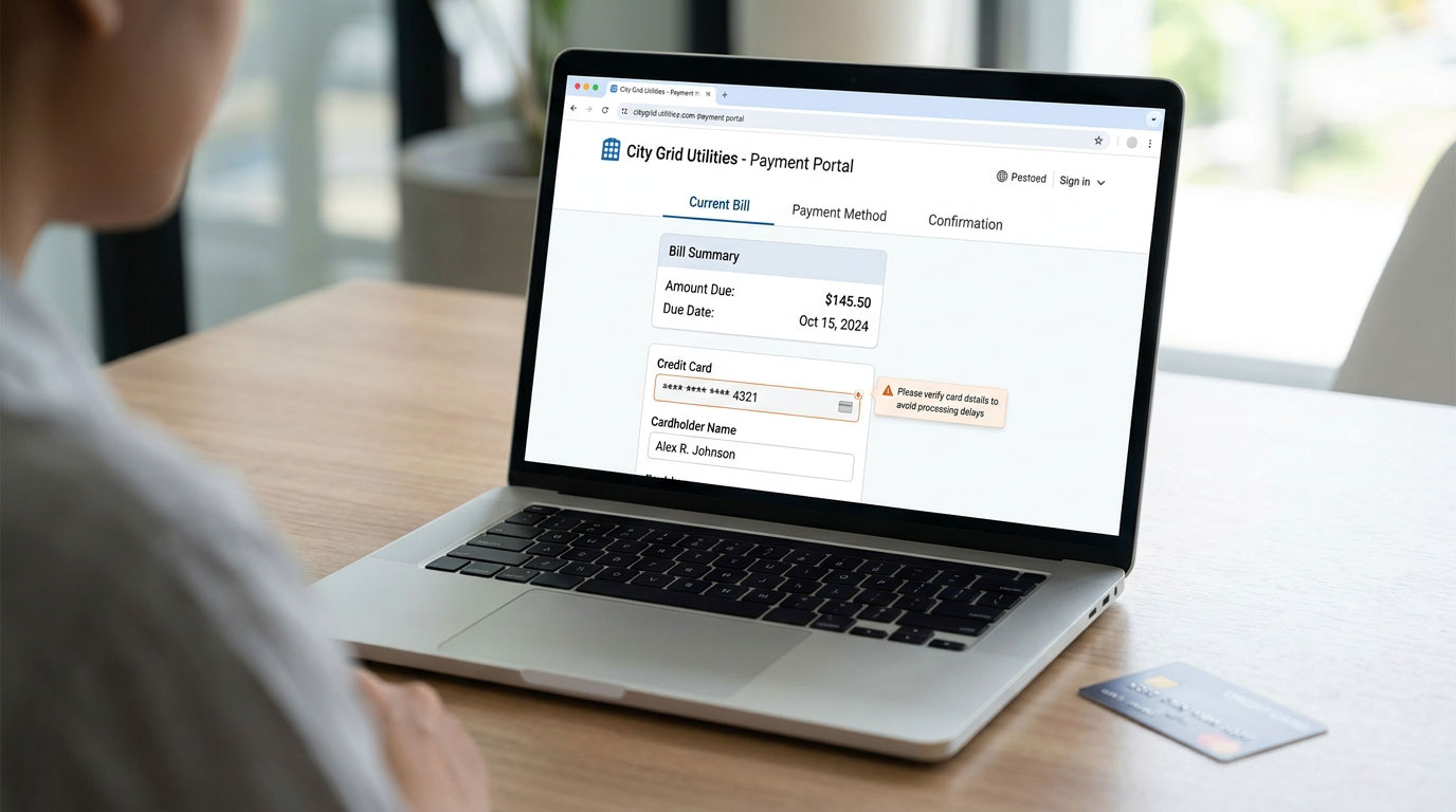 Over-the-shoulder view of a person using a laptop to pay a utility bill on the City Grid Utilities payment portal screen with a credit card resting on the desk.