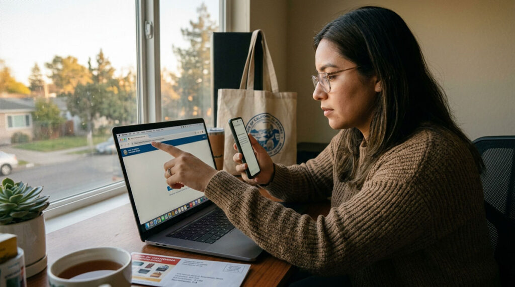 California consumer verifying a website address before making an online payment